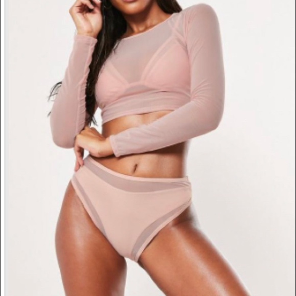 premium pink mesh 3 piece bikini set